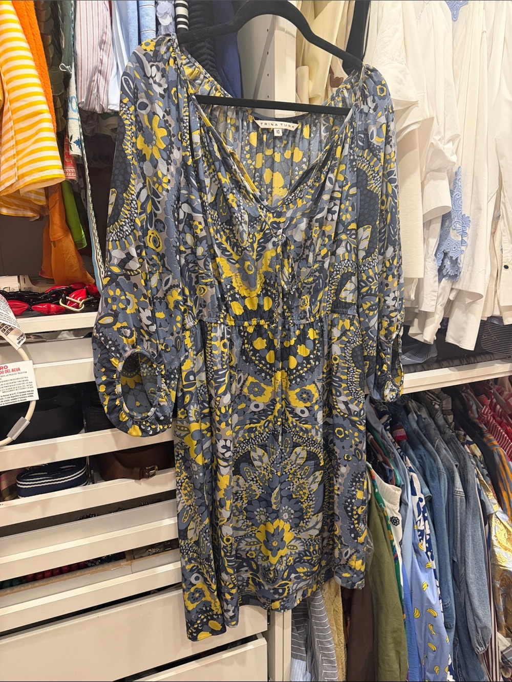 Trina Turk Floral Tie-Neck Midi Dress in Blue & Yellow